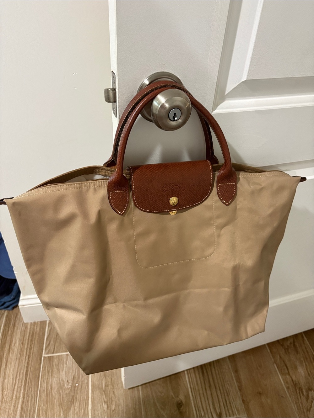 Longchamp Beige Tote with Brown Leather Trim